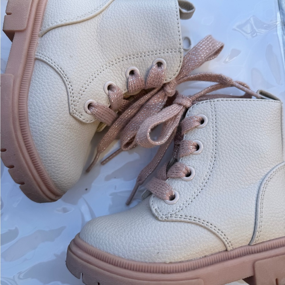 Cat & Jack Cream Kids Boots with Pink Laces